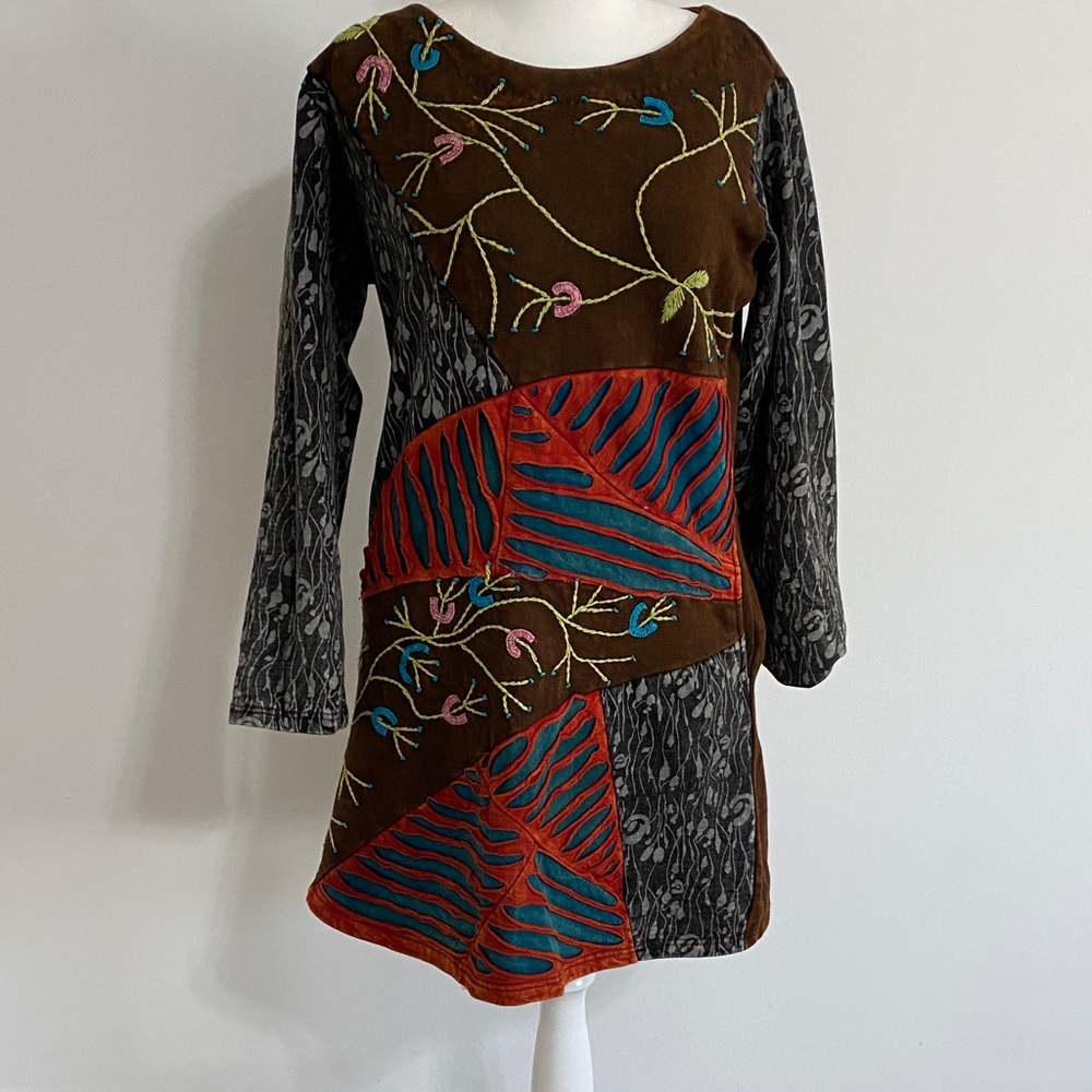 Rising International Brown Fleece Patchwork Embroidered Mini Dress